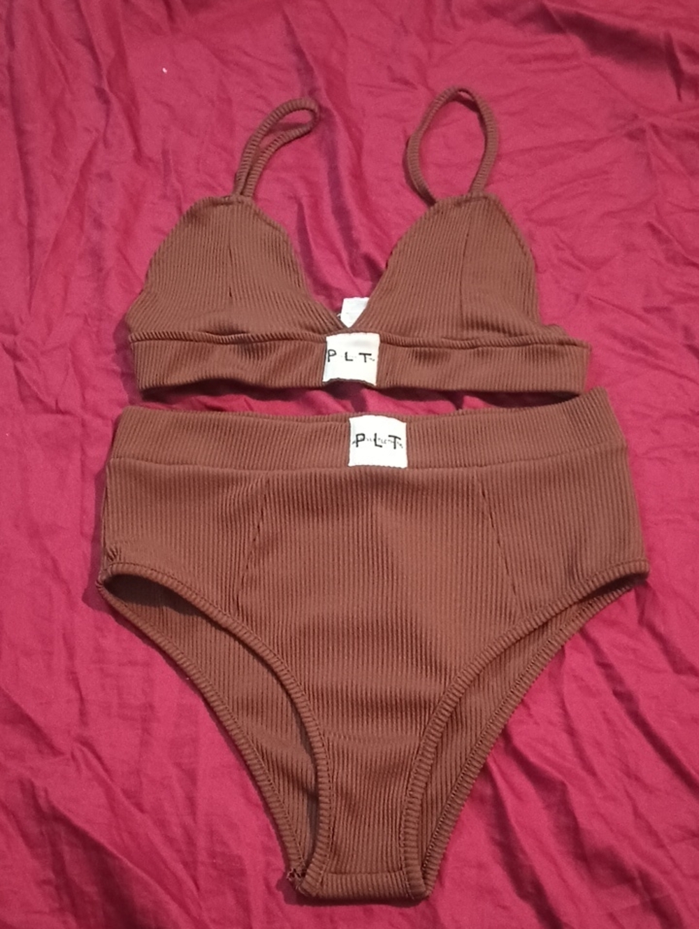 PrettyLittleThing Chocolate Ribbed Bralette & High-Waist Brief Set Size L
